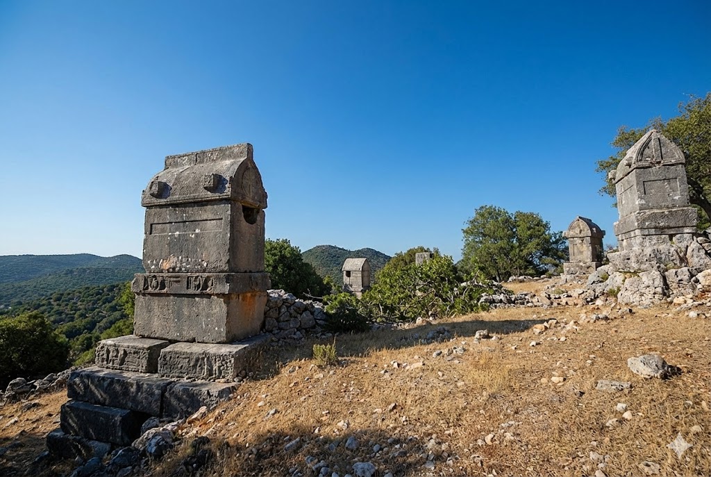Heroon tomb monument and Lycian-period pillar tomb examples in Apollonia Ancient City.