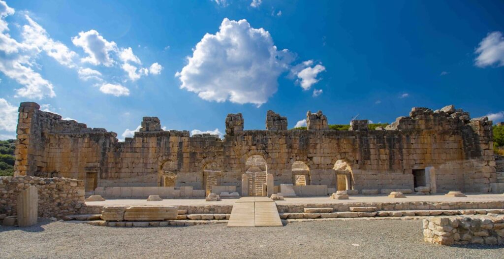 The monumental entrance gate of Kibyra Ancient City and the massive colonnaded street belonging to the Roman period.