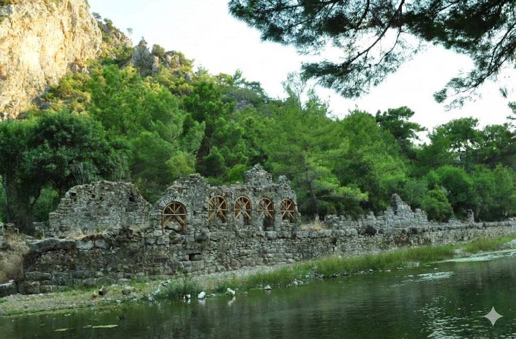 The ancient river canal flowing through the middle of Olympos Ancient City into the Mediterranean, with its quay walls and Roman bathhouse ruins hidden among the trees.
