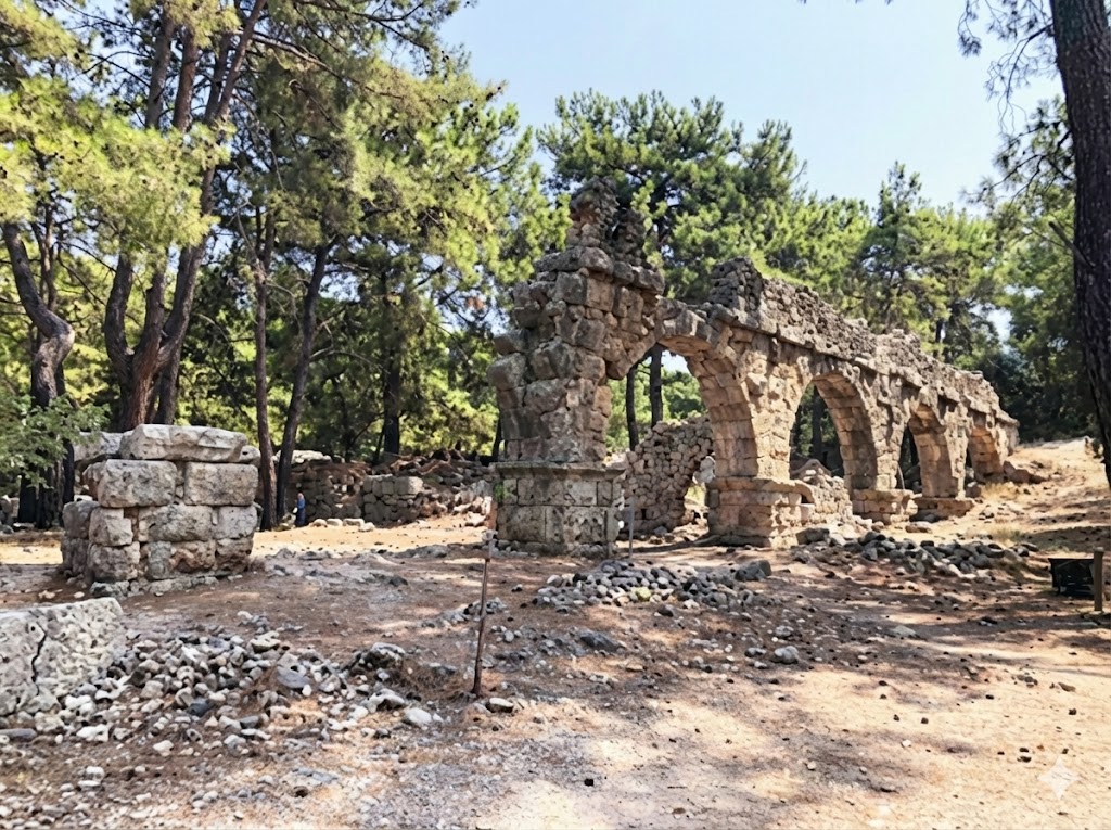 The monumental Roman aqueducts rising among the pine trees in Phaselis Ancient City, with the stone-paved path extending right in front of them.