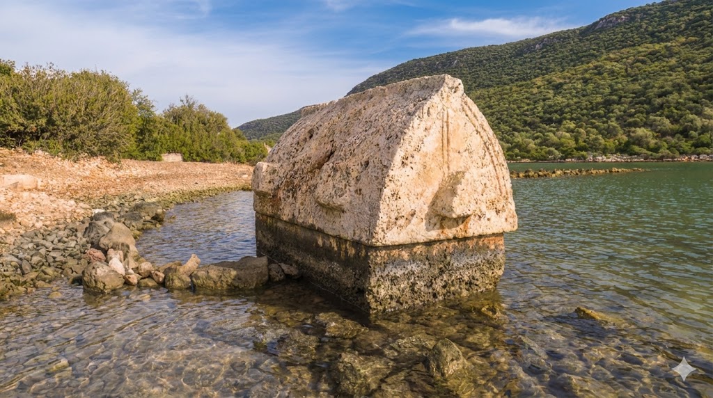 Lycian-type sarcophagi overlooking the sea, located in the necropolis area of Aperlai Ancient City.