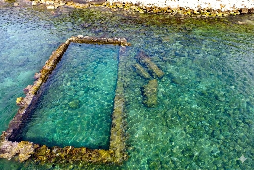Submerged harbor structures and crystal-clear Mediterranean waters of the Ancient City of Aperlai.