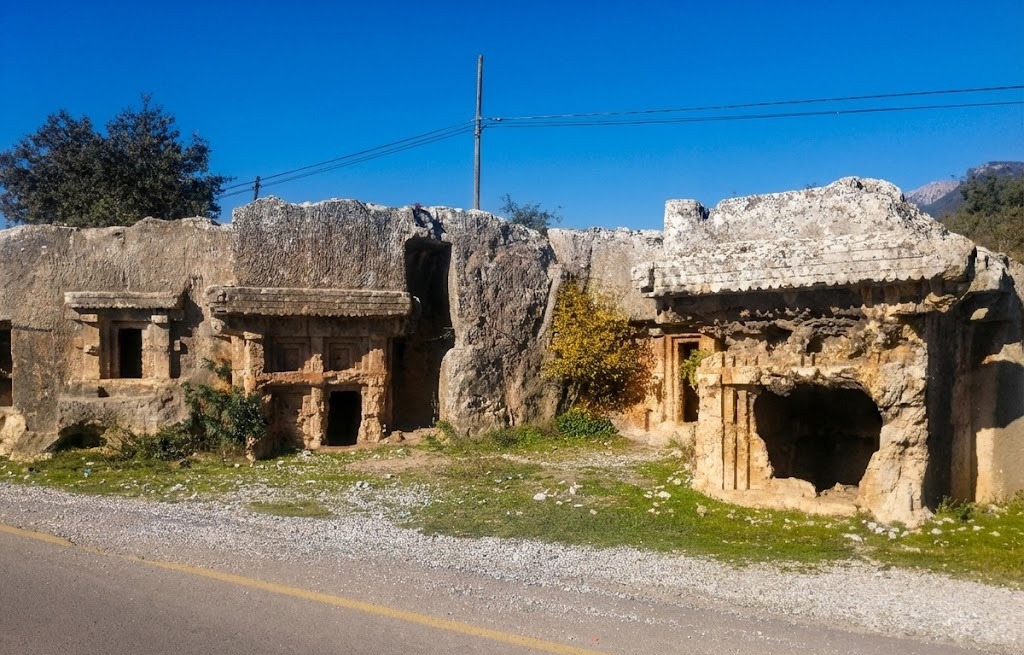 Magnificent Lycian-type sarcophagi and the necropolis area in Araxa Ancient City.