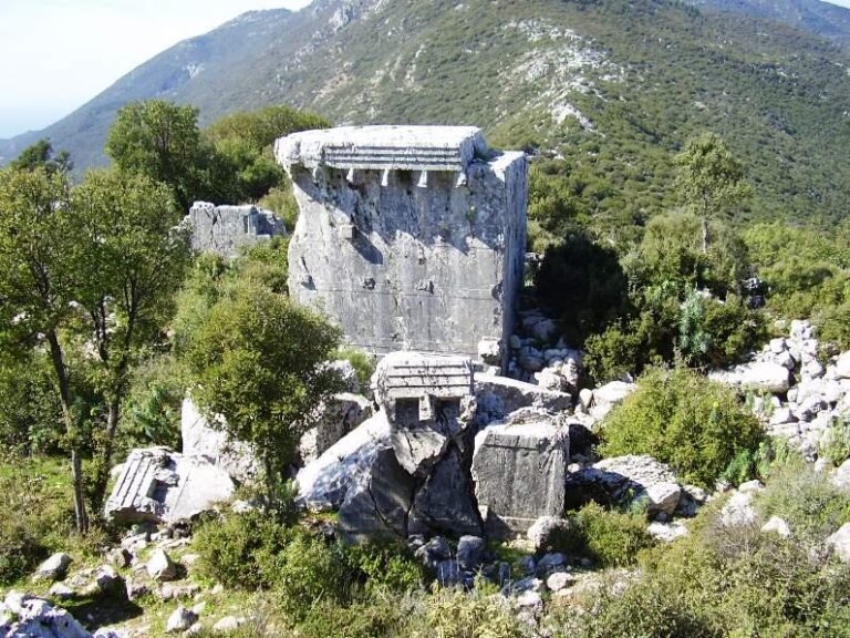 The scattered sarcophagus fragments of Phellos Ancient City.