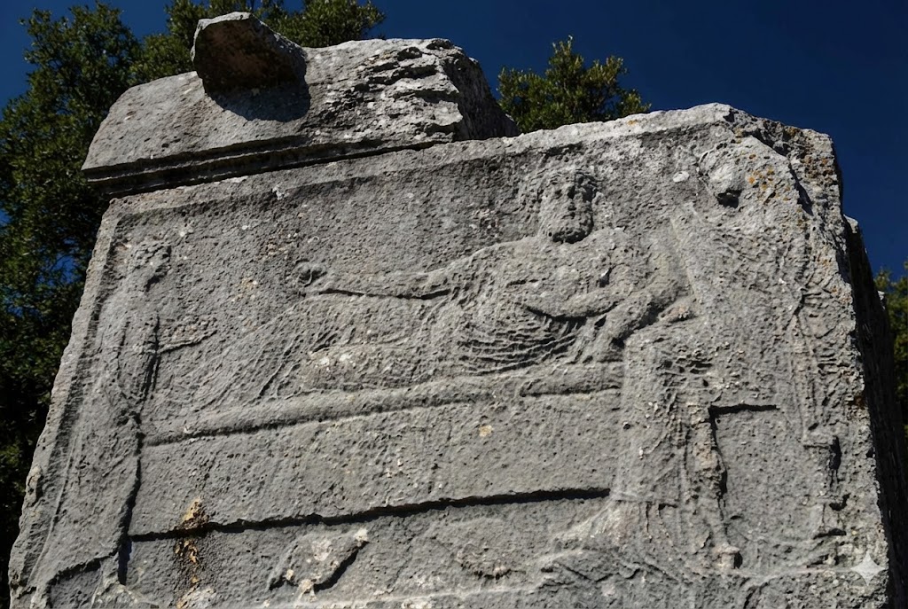 The world-famous monumental sarcophagus featuring a banquet (symposium) scene and griffin reliefs, located on the rocky hill of Phellos Ancient City at an altitude of 950 meters.