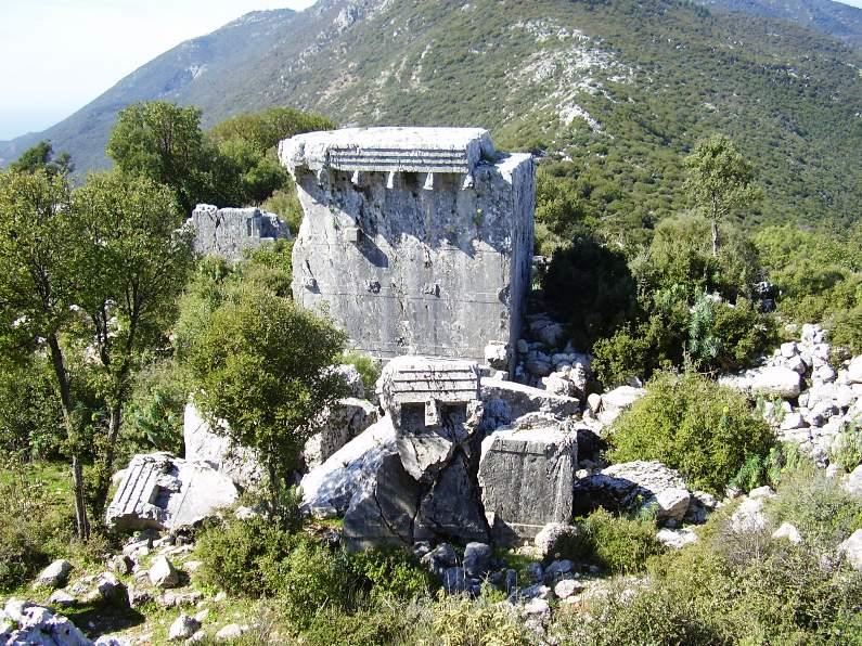 The scattered sarcophagus fragments of Phellos Ancient City.