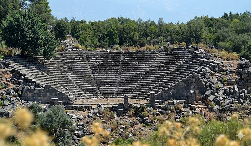 The panoramic view of the theater of Pinara Ancient City and the surrounding pine forests.