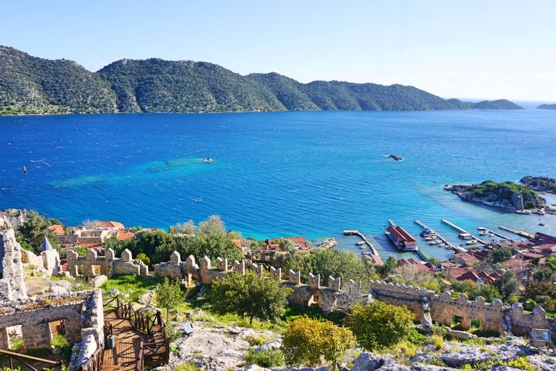 A view of Kekova Island and the sunken city from the castle of the ancient city of Simena (Kaleköy).
