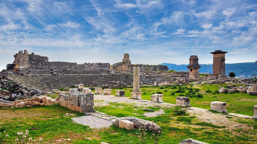 General view and ancient theater of Xanthos Ancient City.