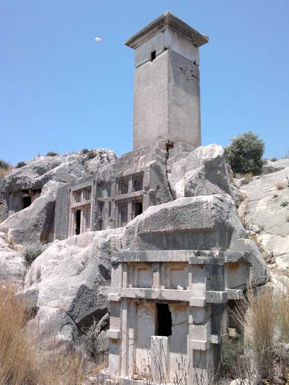 The Harpy Monument and Lycian-type pillar sarcophagi located in Xanthos Ancient City.