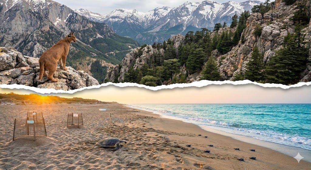 Likya Faunası: dağlarda bir karakulak ve kumsalda Caretta yuvalama alanı.