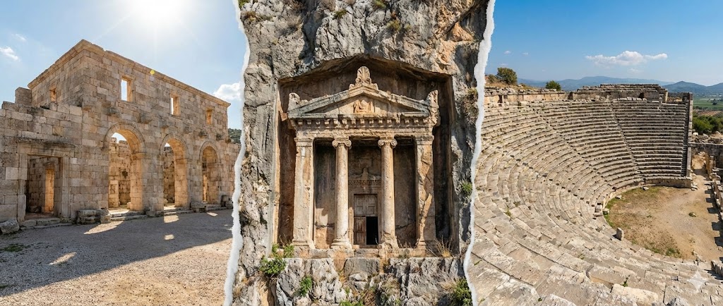 Likya tarihi: Patara meclis binası, ev tipi kaya mezarı ve antik tiyatrodan oluşan kolaj