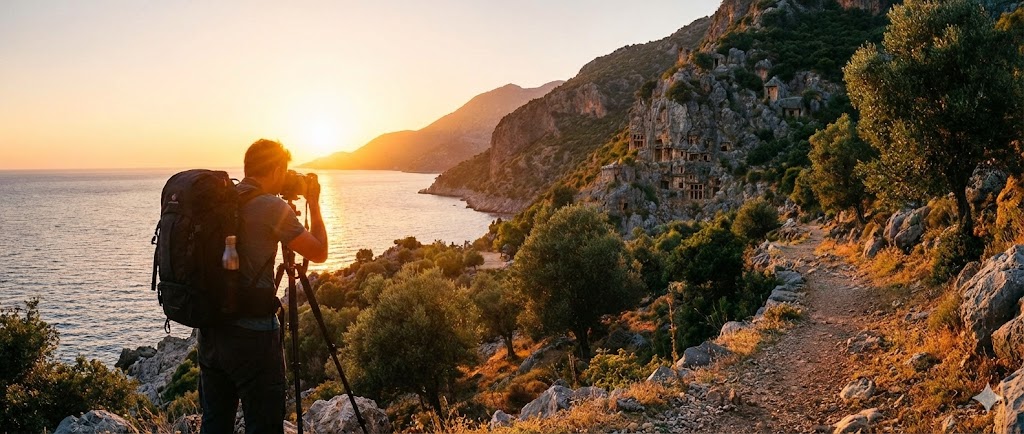 Likya Fotoğrafçılık ve Gözlem Rotaları: gün batımında Likya Yolu panoramasını fotoğraflayan bir fotoğrafçı.