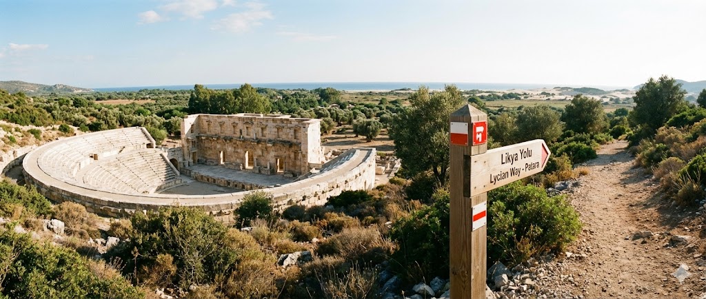 Lycia Guide: the assembly hall at Patara and a Lycian Way signpost