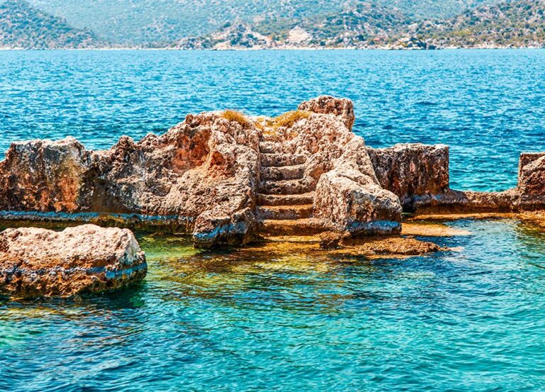 The ruins of the Sunken City of Kekova and ancient remains submerged as a result of Lycian Geology and Earthquakes.