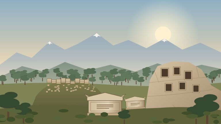Akalissos Ancient City illustration: ruined walls, Roman sarcophagi and rock-cut tombs at the foot of the Bey Mountains