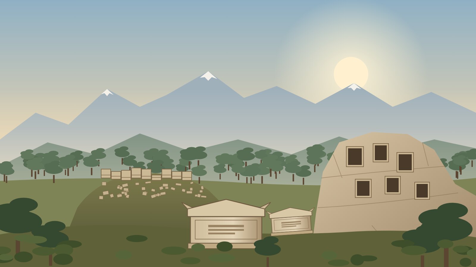Akalissos Ancient City illustration: ruined walls, Roman sarcophagi and rock-cut tombs at the foot of the Bey Mountains
