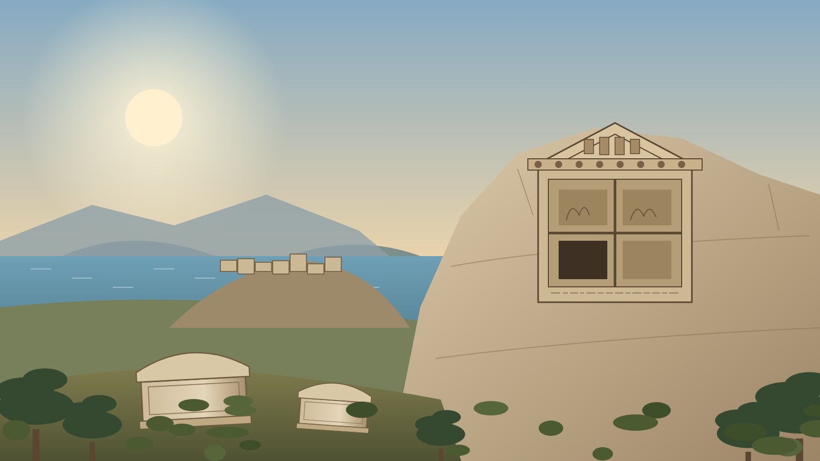 Hoyran Ancient City illustration: a house-type Lycian rock-cut tomb, hilltop walls and the Kekova coast