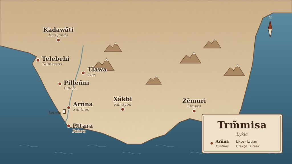 Lycian city names map: Arñna (Xanthos), Tlawa (Tlos), Pttara (Patara), Zẽmuri (Limyra) and other Lycian cities